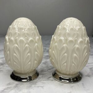 Lenox Woodleaf Salt & Pepper Set Platinum 3”x 2” Ivory Egg Shaped USA Made